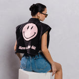 HAVE A NICE DAY pink smiley Crop Denim Vest