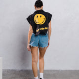 HAVE A NICE DAY yellow smiley Crop Denim Vest