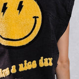 HAVE A NICE DAY yellow smiley Crop Denim Vest