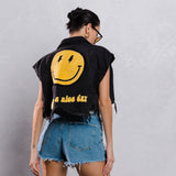 HAVE A NICE DAY yellow smiley Crop Denim Vest
