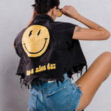 HAVE A NICE DAY yellow smiley Crop Denim Vest