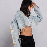 KEEP PUSHING FORWARD Crop Denim Jacket