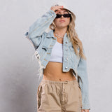 TAKE IT EASY teddy bear Crop Denim Jacket