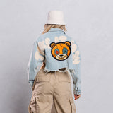 TAKE IT EASY teddy bear Crop Denim Jacket