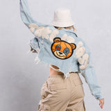 TAKE IT EASY teddy bear Crop Denim Jacket
