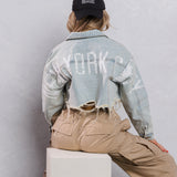 NEW YORK CITY distressed font Crop Denim Jacket