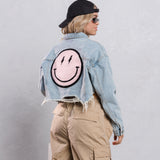 HAVE A NICE DAY pink smiley Crop Denim Jacket