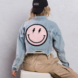 HAVE A NICE DAY pink smiley Crop Denim Jacket