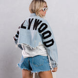 HOLLYWOOD SIGN Black font Crop Denim Jacket