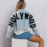 HOLLYWOOD SIGN Black font Crop Denim Jacket