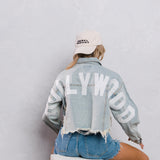 HOLLYWOOD SIGN White Font Crop Denim Jacket