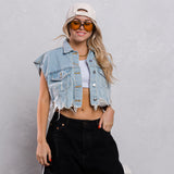 HAVE A NICE DAY yellow smiley Crop Denim Vest
