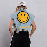 HAVE A NICE DAY yellow smiley Crop Denim Vest