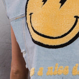 HAVE A NICE DAY yellow smiley Crop Denim Vest