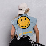 HAVE A NICE DAY yellow smiley Crop Denim Vest