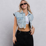HAVE A NICE DAY pink smiley Crop Denim Vest