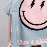 HAVE A NICE DAY pink smiley Crop Denim Vest