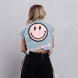 HAVE A NICE DAY pink smiley Crop Denim Vest