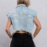 MONEY OVER EVERYTHING Crop Denim Vest