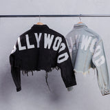 HOLLYWOOD SIGN White Font Crop Denim Jacket