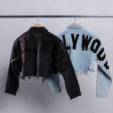 HOLLYWOOD SIGN Black font Crop Denim Jacket