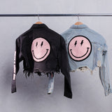HAVE A NICE DAY pink smiley Crop Denim Jacket