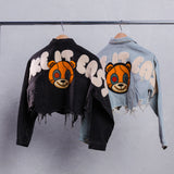 TAKE IT EASY teddy bear Crop Denim Jacket