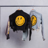 HAVE A NICE DAY yellow smiley Crop Denim Jacket