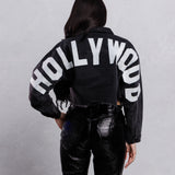 HOLLYWOOD SIGN White Font Crop Denim Jacket