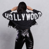 HOLLYWOOD SIGN White Font Crop Denim Jacket