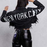 NEW YORK CITY distressed font Crop Denim Jacket