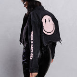 HAVE A NICE DAY pink smiley Crop Denim Jacket