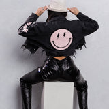 HAVE A NICE DAY pink smiley Crop Denim Jacket