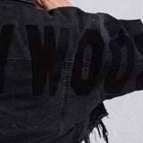 HOLLYWOOD SIGN Black font Crop Denim Jacket
