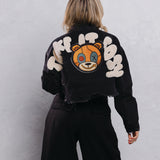TAKE IT EASY teddy bear Crop Denim Jacket