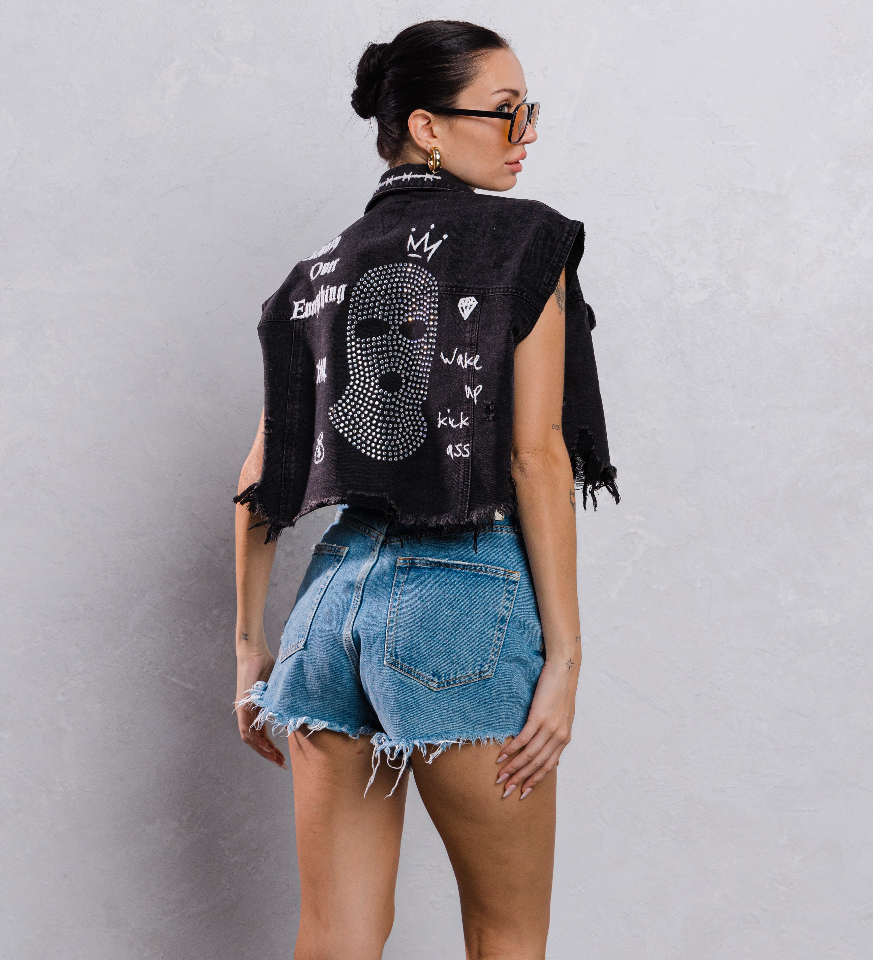 MONEY OVER EVERYTHING Crop Denim Vest
