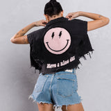 HAVE A NICE DAY pink smiley Crop Denim Vest