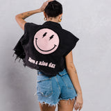 HAVE A NICE DAY pink smiley Crop Denim Vest