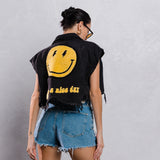 HAVE A NICE DAY yellow smiley Cropped Denim Vest