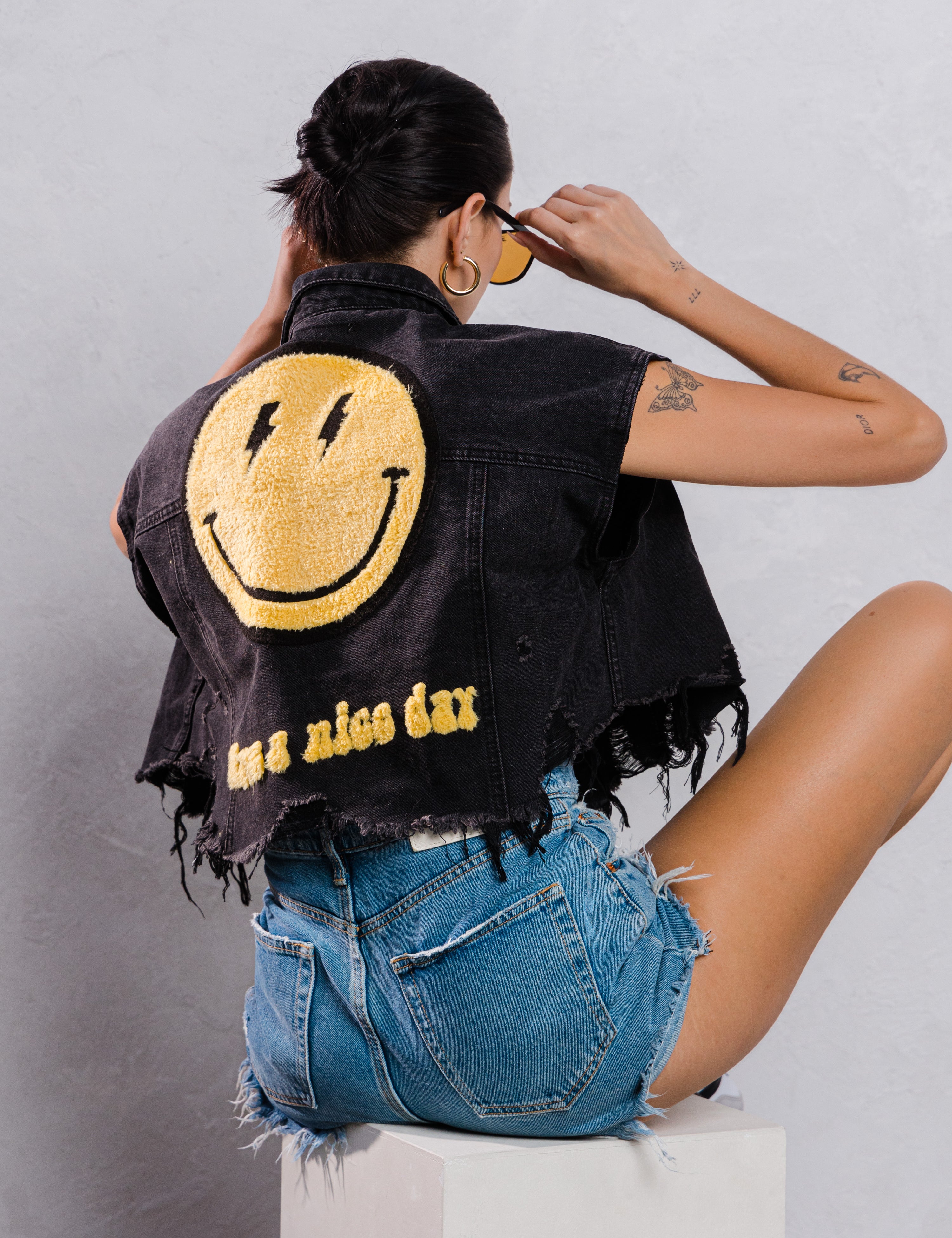 HAVE A NICE DAY yellow smiley Crop Denim Vest