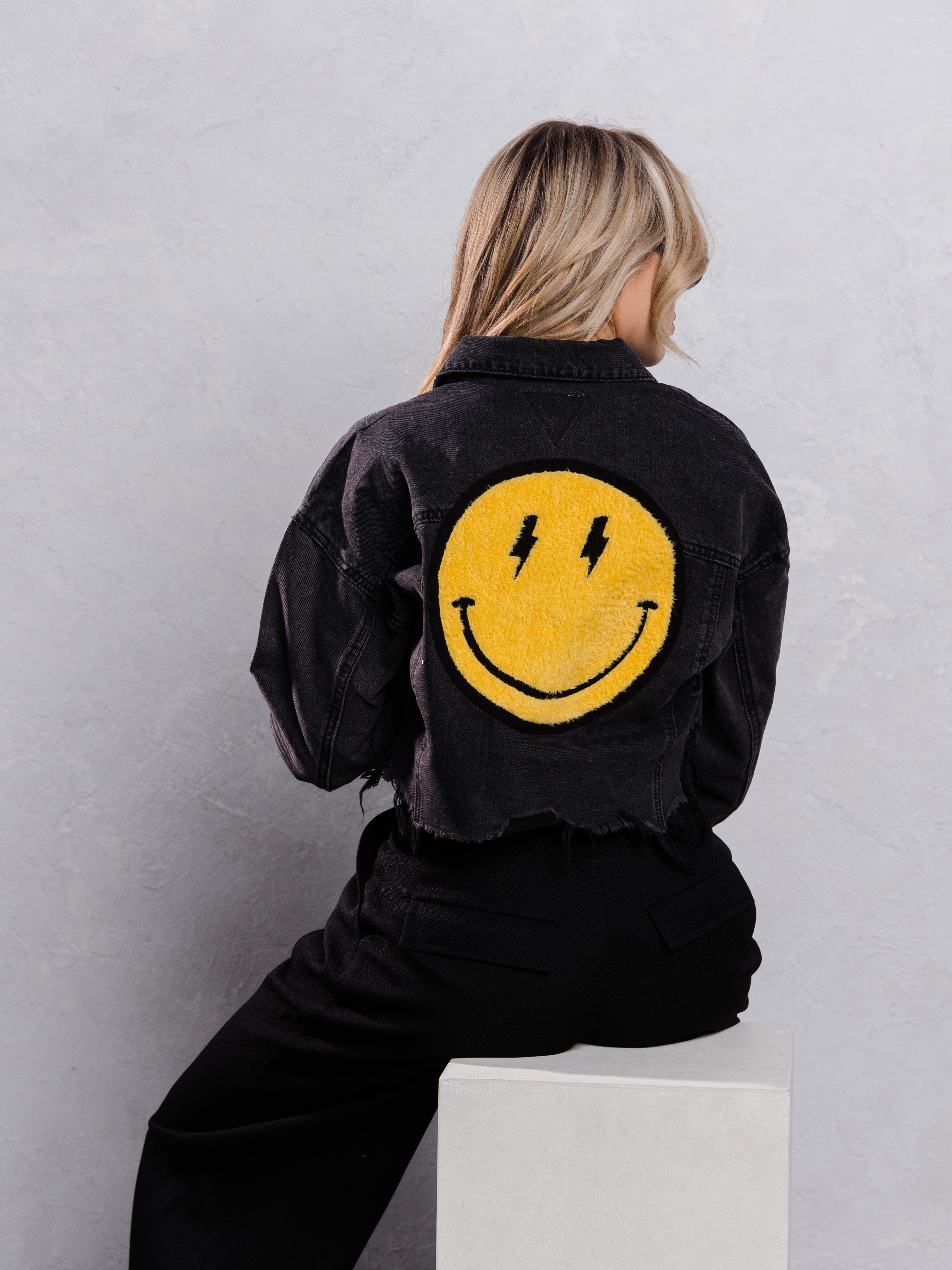 HAVE A NICE DAY yellow smiley Crop Denim Jacket