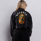 BLESSED virgin mary Cropped Denim Jacket