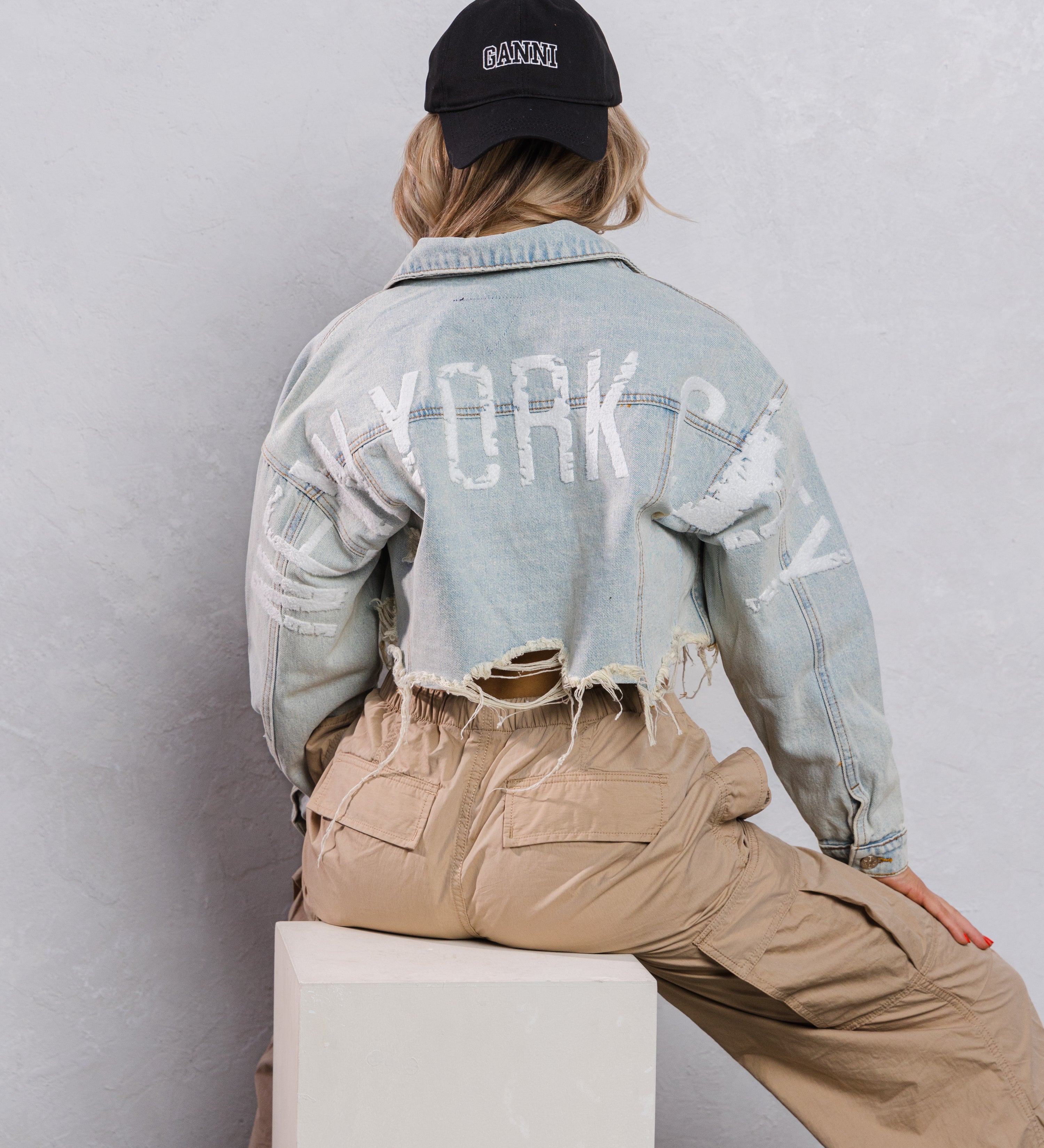 NEW YORK CITY distressed font Crop Denim Jacket
