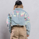 HOLLYWOOD SIGN cotton candy Cropped Denim Jacket