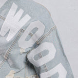 HOLLYWOOD SIGN white font Cropped Denim Jacket