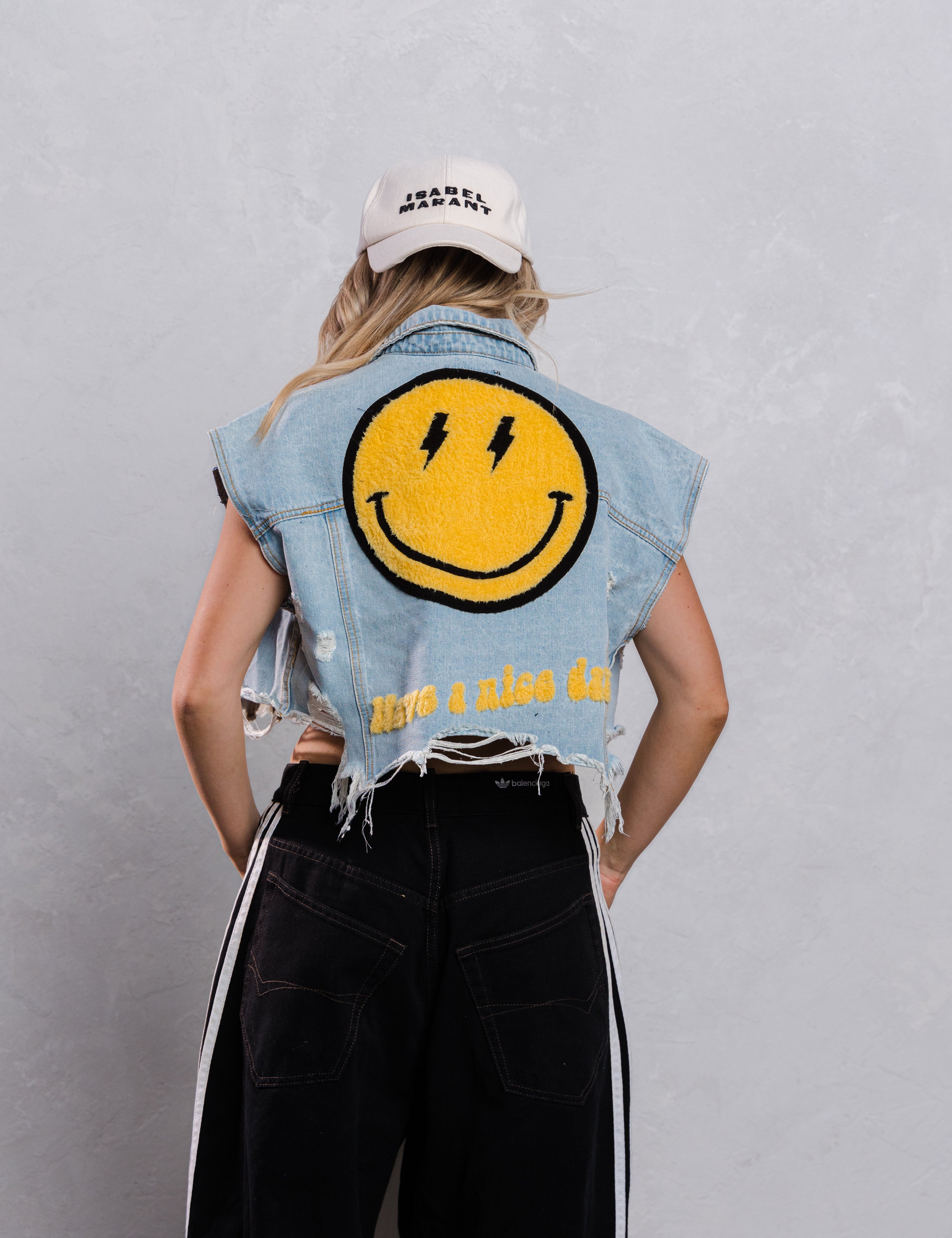HAVE A NICE DAY yellow smiley Crop Denim Vest