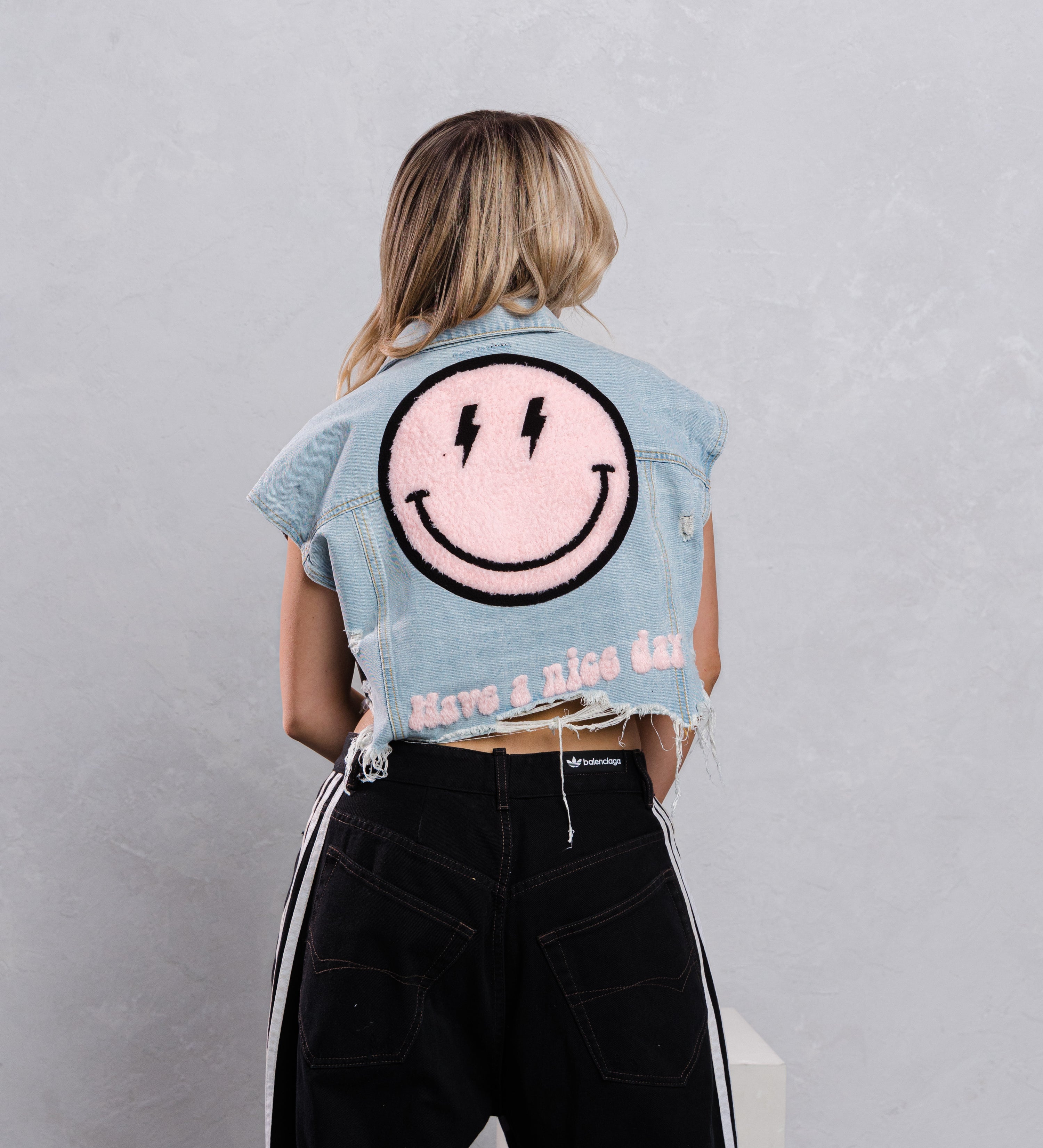 HAVE A NICE DAY pink smiley Crop Denim Vest