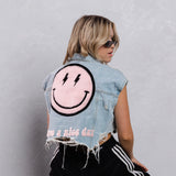 HAVE A NICE DAY pink smiley Crop Denim Vest