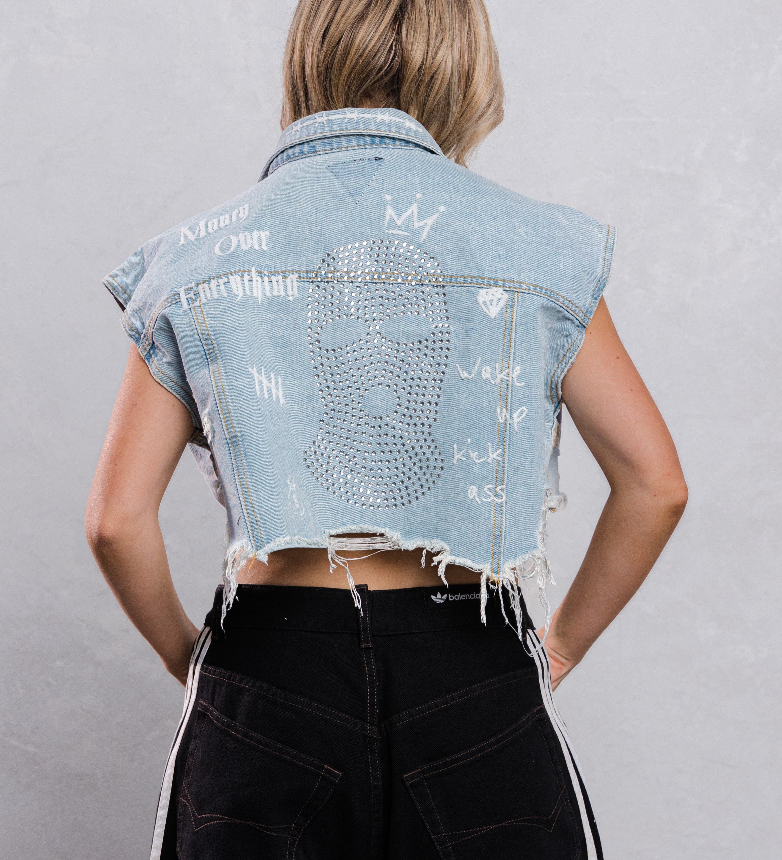 MONEY OVER EVERYTHING Crop Denim Vest