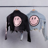 HAVE A NICE DAY pink smiley Cropped Denim Jacket
